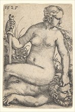Judith, looking towards the right, seated nude atop the dead body of Holofernes, with a sw..., 1525. Creator: Barthel Beham.