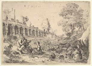 Corsica seated before satyrs on the bank of a river, from a pair of plates for Battista Gu..., 1640. Creator: Bartholomeus Breenbergh.