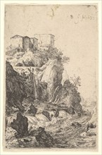 Cascades near Ponte della Trave, with buildings on a rocky outcrop above, from the series ..., 1639. Creator: Bartholomeus Breenbergh.