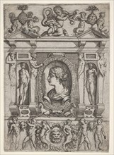 Bust of a woman in profile facing left, set in an elaborate frame with figures in n..., ca. 1540-80. Creator: Battista del Moro.