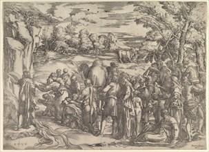 Moses Drawing Water from the Rock, at left with water flowing, various figures and ..., ca. 1552-61. Creator: Battista Franco Veneziano.