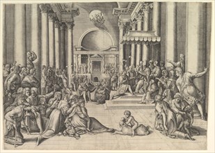 Constantine Presenting the City of Rome to the Holy See, at right, many spectators ..., ca. 1530-61. Creator: Battista Franco Veneziano.