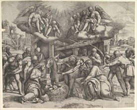 The Adoration of the Shepherds with angels overhead, ca. 1530-61. Creator: Battista Franco Veneziano.