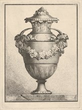 Design for a covered vase with two goat heads and a garland, 1764. Creator: Bossi.