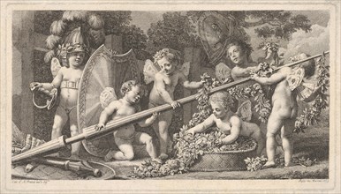 Six putti playing with the arms of Mars, four holding onto a large lance, one on the left ..., 1769. Creator: Bossi.