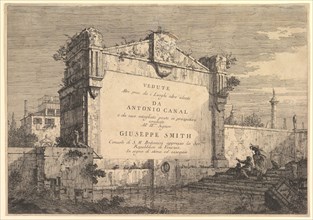 Title plate of 'Vedute altre prese da i luoghi altre ideate', with title and publicatio..., 1735-46. Creator: Canaletto.