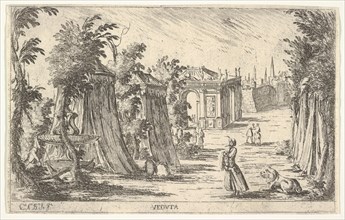 View with a man in a turban and a lion standing at right, tents and classical archite..., 1680-1710. Creator: Carlo Antonio Buffagnotti.