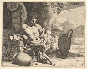 Evening: a seated satyr clasps his child, a figure hangs a garland on a pier beyond, f..., ca. 1640. Creator: Charles le Brun.