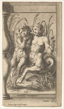 Two tritons embracing, one playing a panpipe, the second holding a conch shell set within ..., 1579. Creator: Cherubino Alberti.
