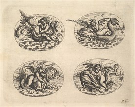 Four Ovals with Genii, plates from the Neue Grotessken Buch, 1610. Creator: Christoph Jamnitzer.