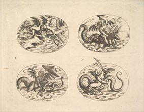 Putti with Sea Monsters, plates from the Neue Grotessken Buch, 1610. Creator: Christoph Jamnitzer.