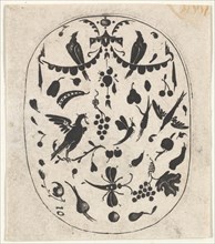 Oval Blackwork Print with Birds, Insects and Fruits, ca. 1620. Creator: Claes Jansz Visscher.