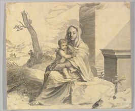Virgin and Child Seated on a Rock (Vierge à l'Enfant dans des ruines), 1659. Creator: Claude Mellan.