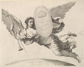 Fame Bearing a Shield with the Initial of Louis XIV (La Renommée volant). Creator: Claude Mellan.