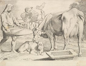 Country Scene with a Peasant, Cow and Calf. Creator: Claude Mellan.