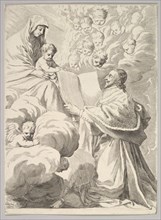Cardinal Richelieu, Kneeling, Presents His Book to the Virgin and Child, ca. 1646. Creator: Claude Mellan.