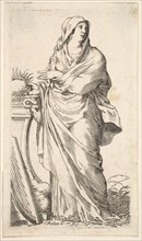 Robed woman standing next to a plinth, her right hand bears a palm branch, a harp r..., ca. 1620-88. Creator: Claude Mellan.