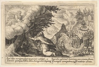 Noah kneeling before God at left, the construction of the ark underway beyond, from a seri..., 1612. Creator: Crispijn de Passe I.