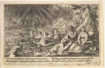 The beginning of the Flood: men and women climb to higher ground at right, water overtakin..., 1612. Creator: Crispijn de Passe I.