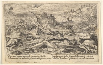 The Flood destroys life on earth: corpses of humans and animals adrift in the foreground..., 1612. Creator: Crispijn de Passe I.