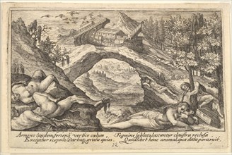 Aftermath of the Flood: human bodies strewn on dry land in the foreground, Noah's ark moor..., 1612. Creator: Crispijn de Passe I.