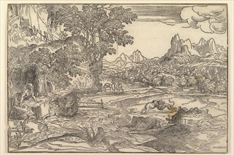 Landscape with Saint Jerome at left looking towards lion and bear fighting at cente..., ca. 1530-35. Creator: Domenico Campagnola.