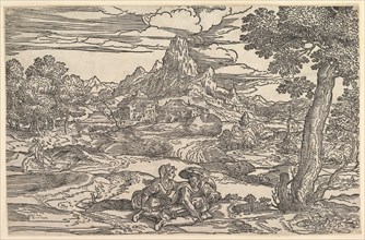 Landscape with a woman seated next to a man playing a hurdy-gurdy, ca. 1540. Creator: Domenico Campagnola.