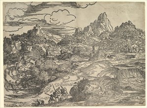 Landscape with family walking together in the foreground, at left two figures with ..., ca. 1535-40. Creator: Domenico Campagnola.