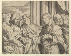 The Triubute Money: Christ at center right gesturing to man at his left with coins ..., ca. 1564-89. Creator: Domenico Campagnola.
