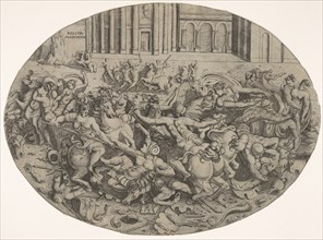 Combat between Amazons and men in front of architectural arcades, an oval composition with..., 1543. Creator: Enea Vico.