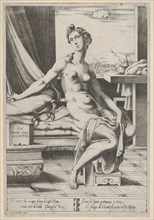 Lucretia naked and seated before a window, a dagger in her right hand and holding d..., ca. 1535-67. Creator: Enea Vico.