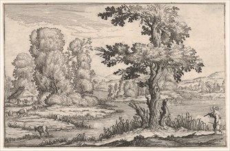Landscape with goats grazing near a river and a figure in the right foreground, from a ser..., 1638. Creator: Ercole Bazicaluva.