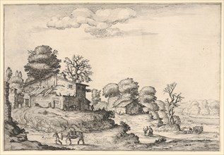 Landscape with peasant dwellings and a man leading a horse in the left foreground, from a ..., 1638. Creator: Ercole Bazicaluva.