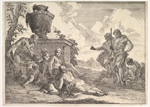 Satyr with Club and Seven Figures, from "Bacchanals and Histories", 1744. Creator: Francesco Fontebasso.
