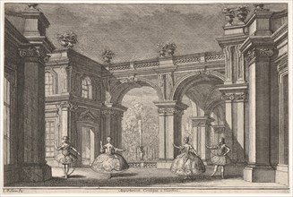Two ladies and two gentlemen dancing within an ornate architectural setting, a fountain at..., 1765. Creator: Francesco Galli Bibiena.
