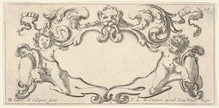 Plate 1: a cartouche with a lion head with wings at top center, a putto holding a b..., ca. 1640-45. Creator: Francois Collignon.