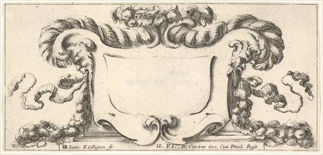 Plate 11: a cartouche with fruits, flowers, and leaves at top, a mask of a faun in ..., ca. 1640-45. Creator: Francois Collignon.
