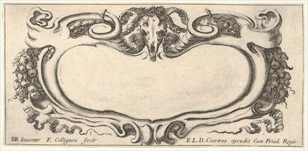 Plate 6: a cartouche with a ram skull at top center, grapes and other fruits to eit..., ca. 1640-45. Creator: Francois Collignon.