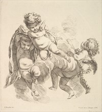 Three Children Among Clouds Carrying a Drapery, 1738-45. Creator: Gabriel Huquier.