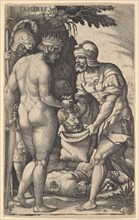 Tomyris, shown nude from behind, placing the head of Cyrus into a sack held by a soldi..., ca. 1539. Creator: Georg Pencz.