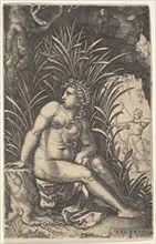 Cephalus and Procris: Procris turns her head over her right shoulder while seated nude in ..., 1539. Creator: Georg Pencz.