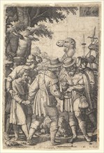 Joseph sold to the merchants: a bearded man grasping Joseph with his left hand receives co..., 1546. Creator: Georg Pencz.