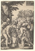 Joseph lowered into a well by his brothers, from the series 'The Story of Joseph', 1546. Creator: Georg Pencz.