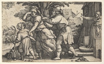 Abraham sending away Hagar and Ishmael: Abraham holds forth a vessel as Hagar and Ishm..., ca. 1543. Creator: Georg Pencz.
