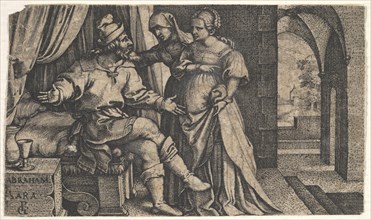 Sarah presenting Hagar to Abraham, who sits at the foot of a bed, from the series 'The..., ca. 1543. Creator: Georg Pencz.