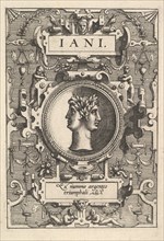 Bust of Janus surrounded by strapwork, from the series 'Deorum dearumque,' a set of images..., 1573. Creators: Johannes van Doetecum I, Lucas van Doetecum.