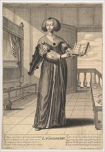 Grammar: a young woman standing in a decorated interior holding an open book in her lef..., 1633-35. Creator: Gilles Rousselet.