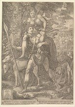 Allegory of the Hunt; a hunter holding a large spear carrying a woman