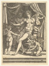 Venus and Vulcan Seated on a Bed and Three Putti, mid-1550s. Creator: Giorgio Ghisi.