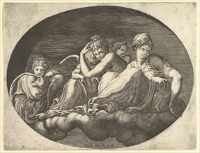 Venus and Cupid, Two Other Goddesses, and a Putto, from a series of eight compositions af..., 1560s. Creator: Giorgio Ghisi.